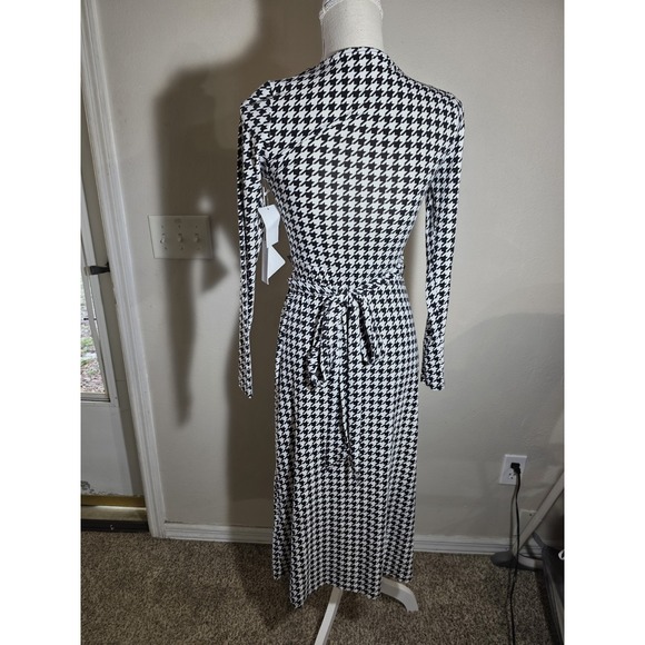 Good American Houndstooth Wrap Dress Long Sleeve Tie Waist Size 1 - Picture 3 of 7